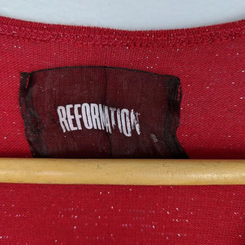Reformation Lace Up Neck Silver Metallic Red Top